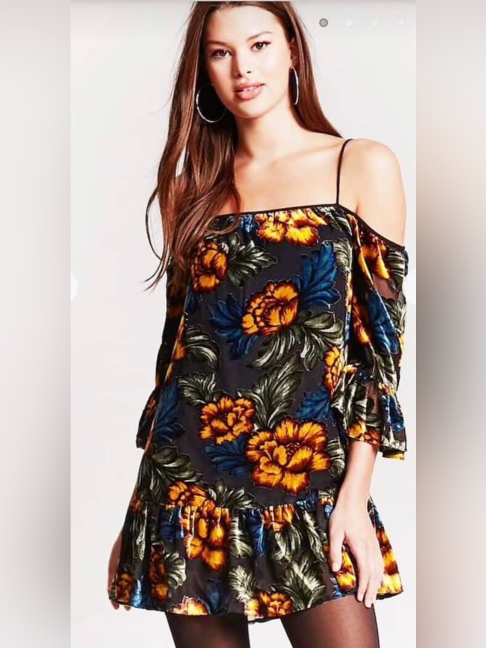 Forever 21 Floral Off Shoulder Bell Sleeve Boho Dress Black Yellow Blue SzS